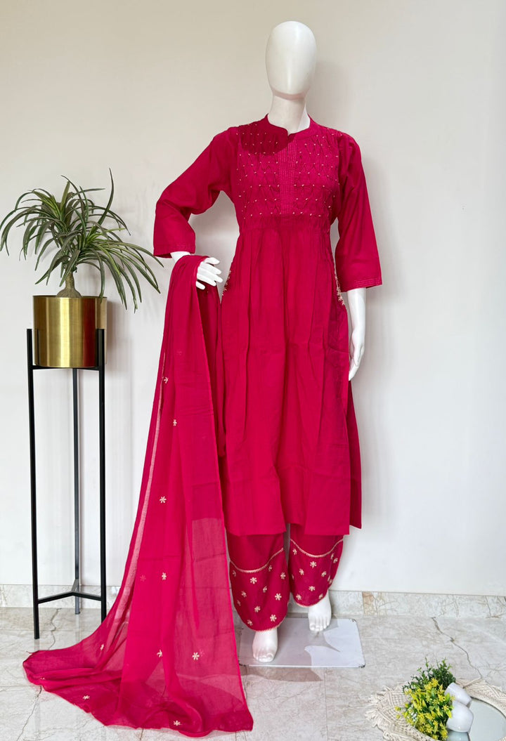 Dark Pink Embroidered Anarkali Suit Set with Dupatta
