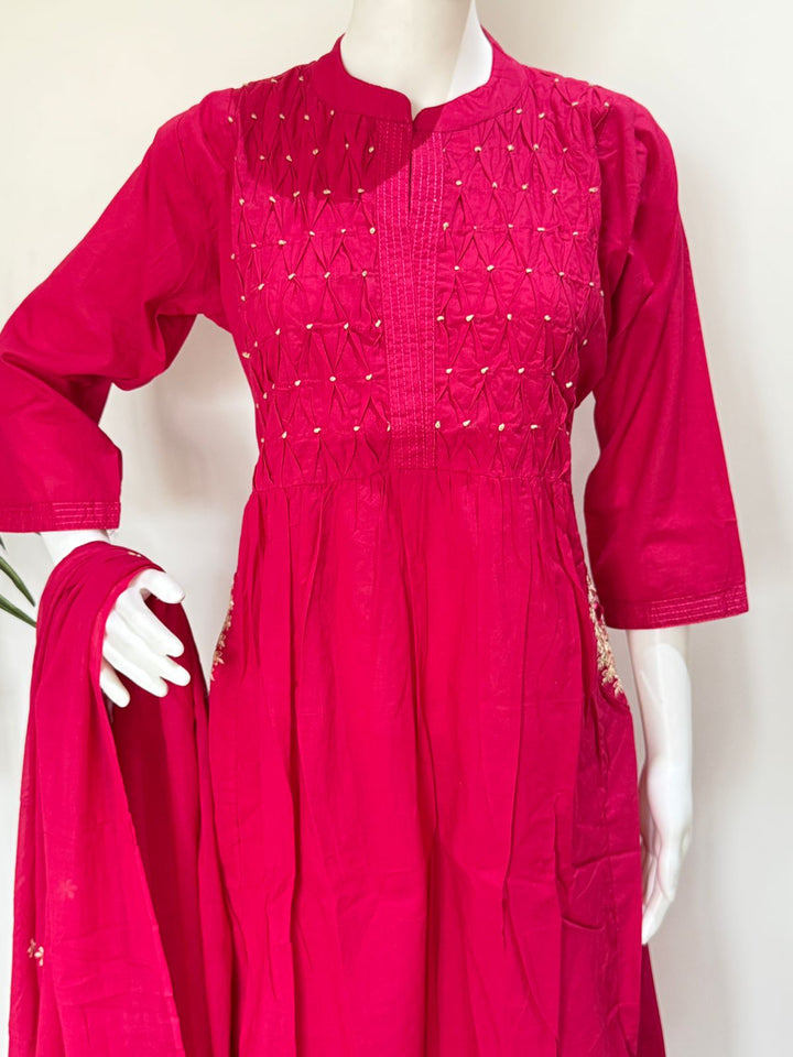 Dark Pink Embroidered Anarkali Suit Set with Dupatta