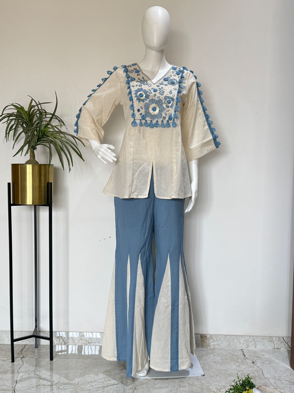 Cream & Sky Blue Embroidered Co-Ord Set with Flared Pants