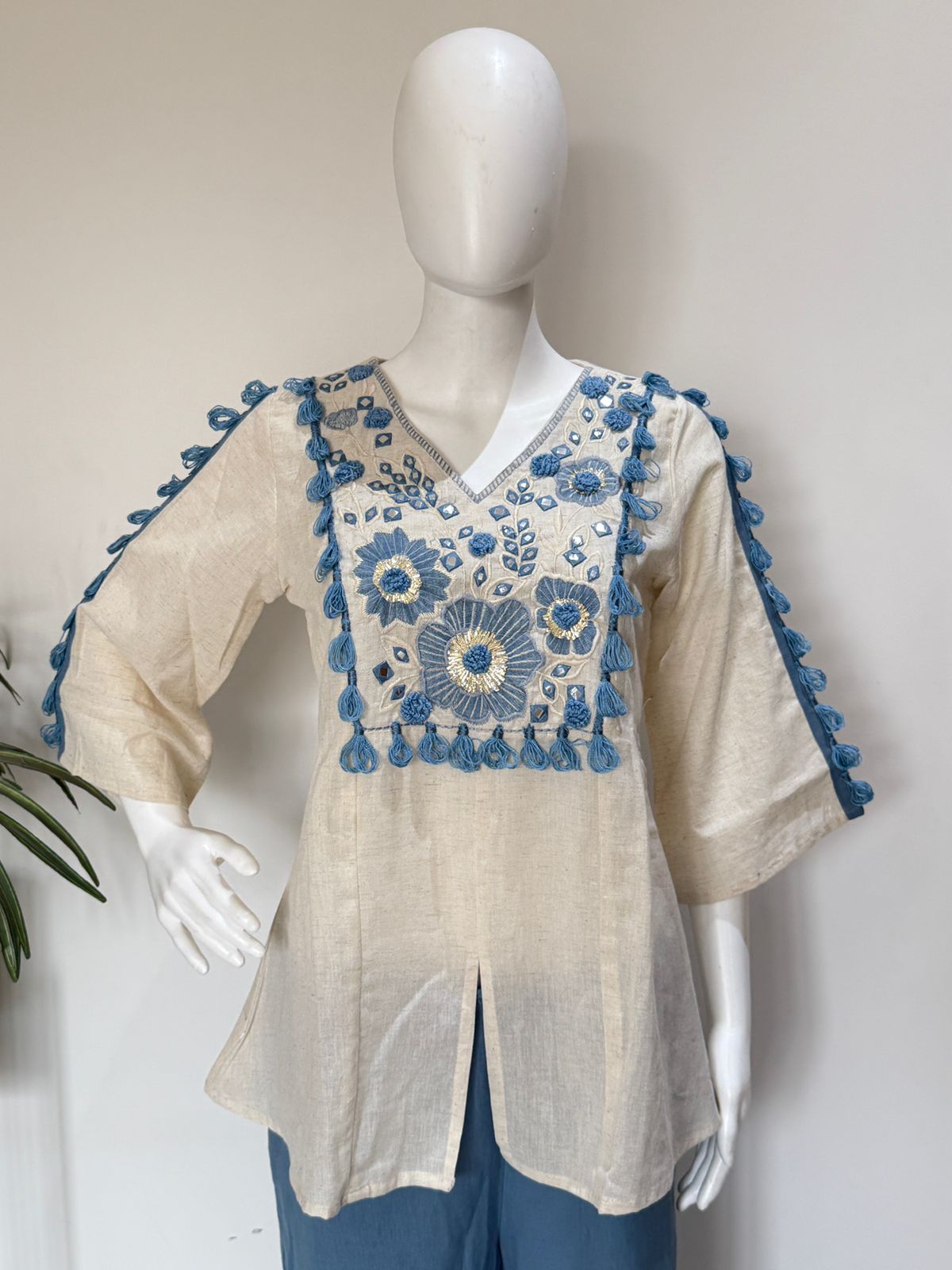 Cream & Sky Blue Embroidered Co-Ord Set with Flared Pants