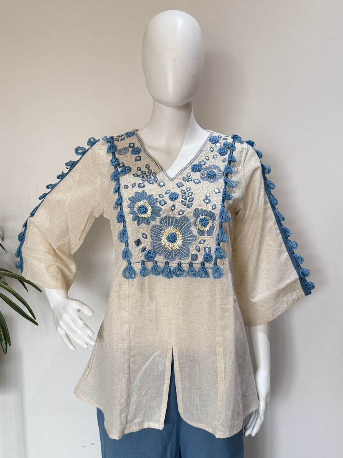 Cream & Sky Blue Embroidered Co-Ord Set with Flared Pants