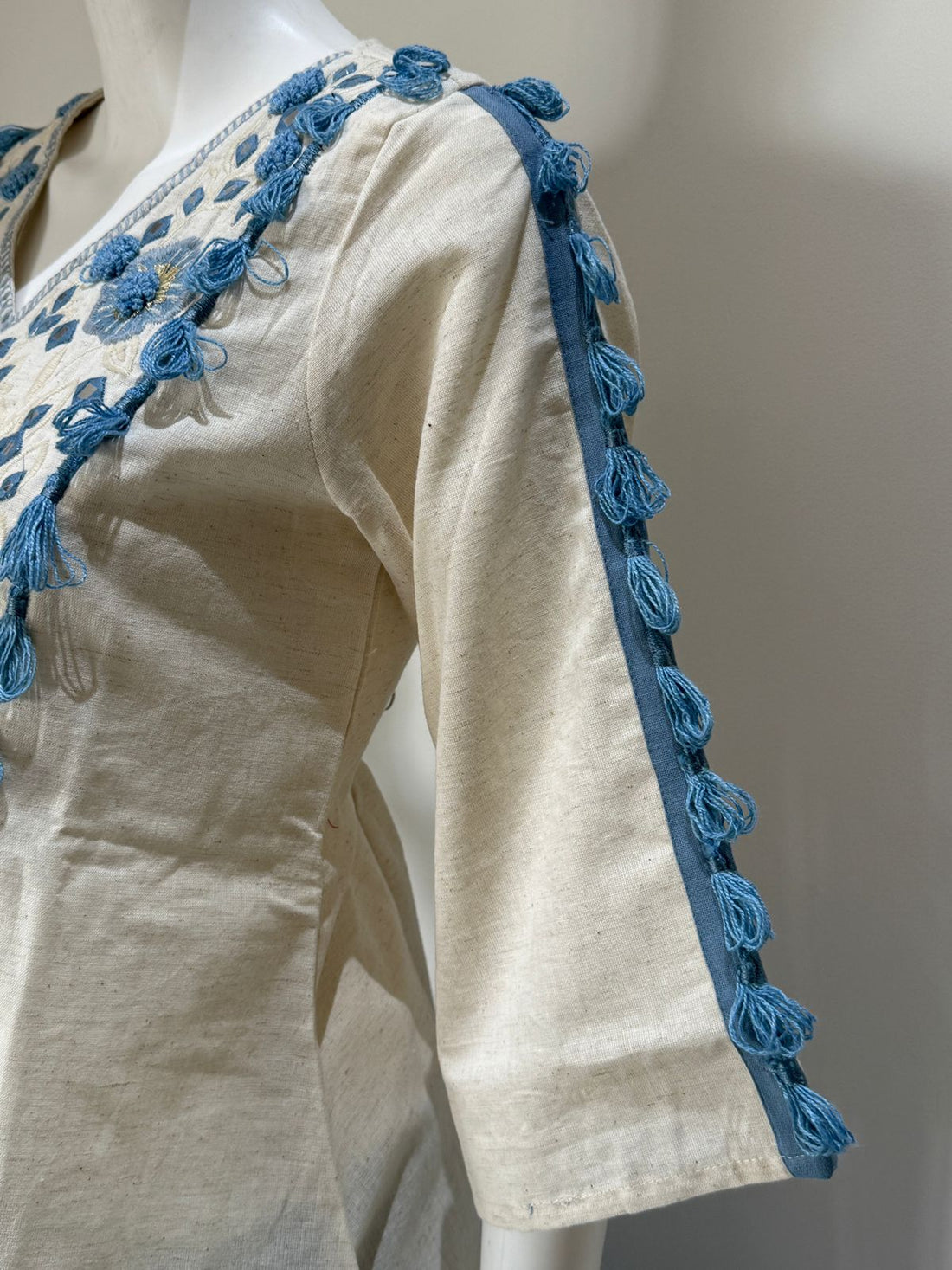 Cream & Sky Blue Embroidered Co-Ord Set with Flared Pants