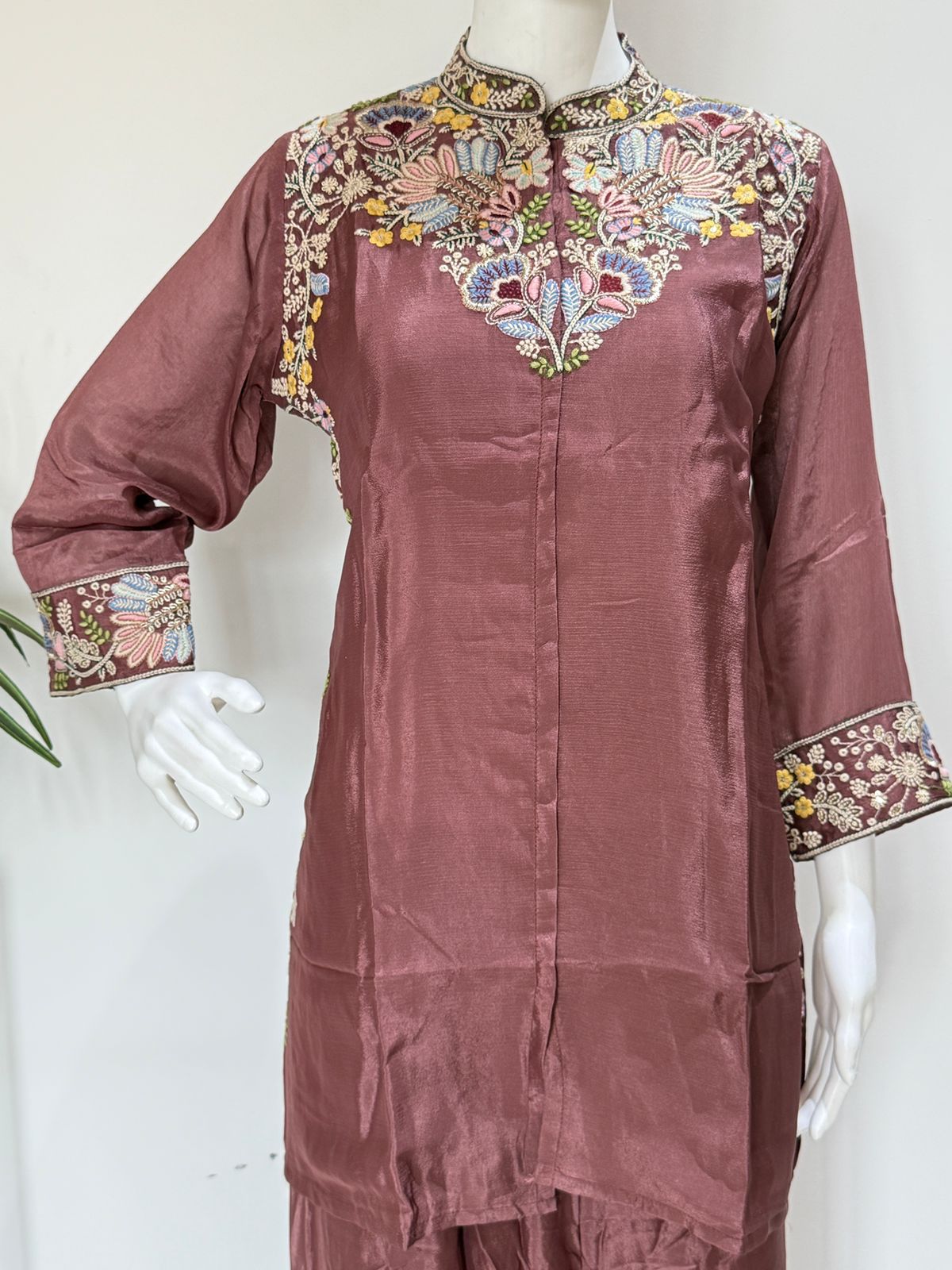 Mauve Embroidered Tissue Kurta Palazzo Co-Ord Set