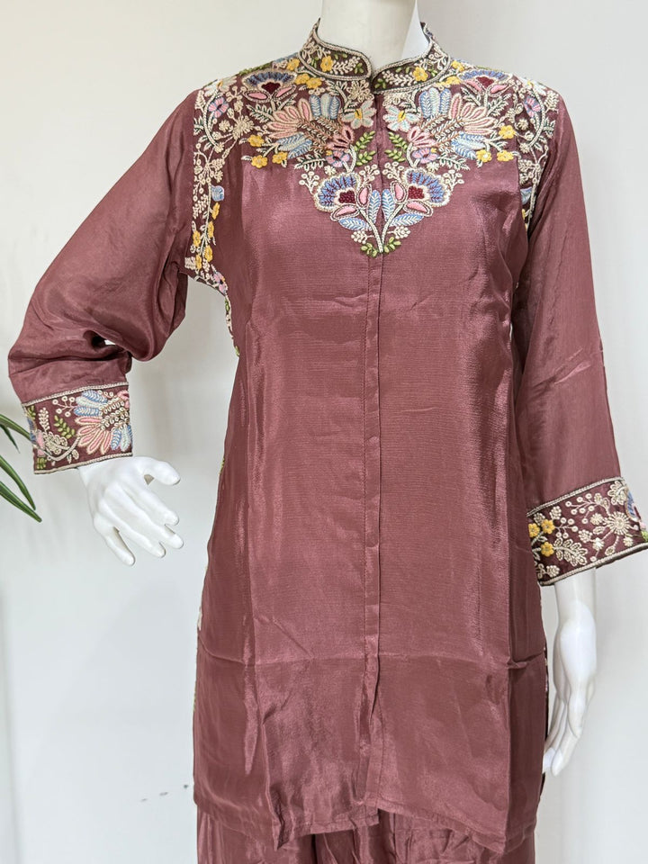 Mauve Embroidered Tissue Kurta Palazzo Co-Ord Set