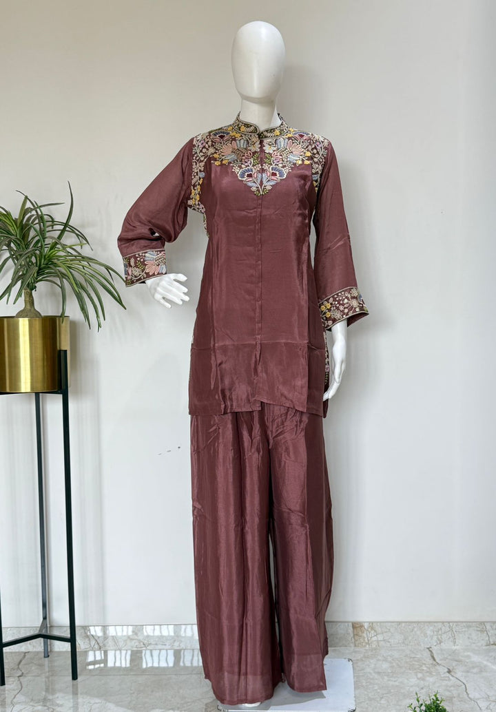 Mauve Embroidered Tissue Kurta Palazzo Co-Ord Set