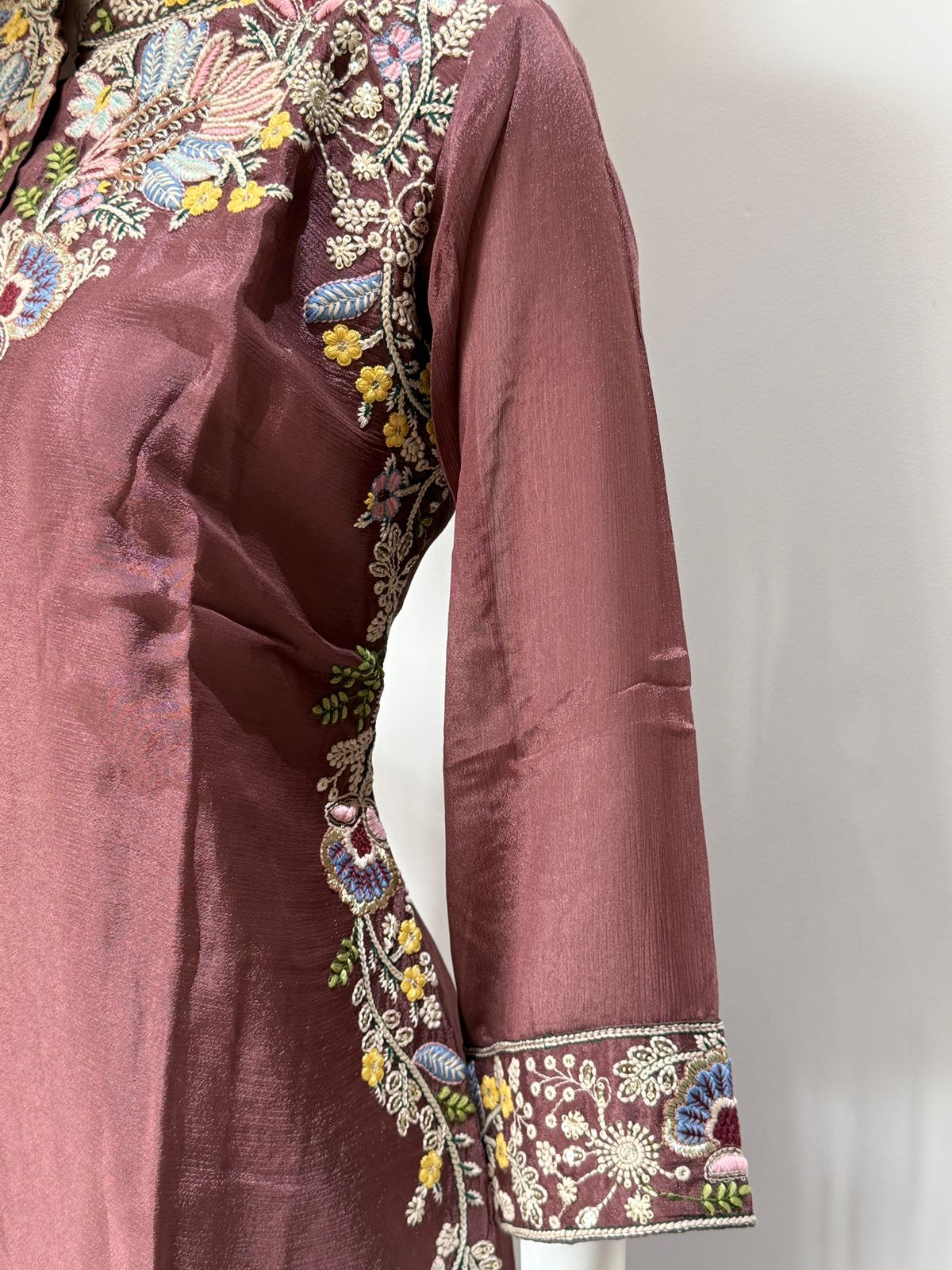 Mauve Embroidered Tissue Kurta Palazzo Co-Ord Set