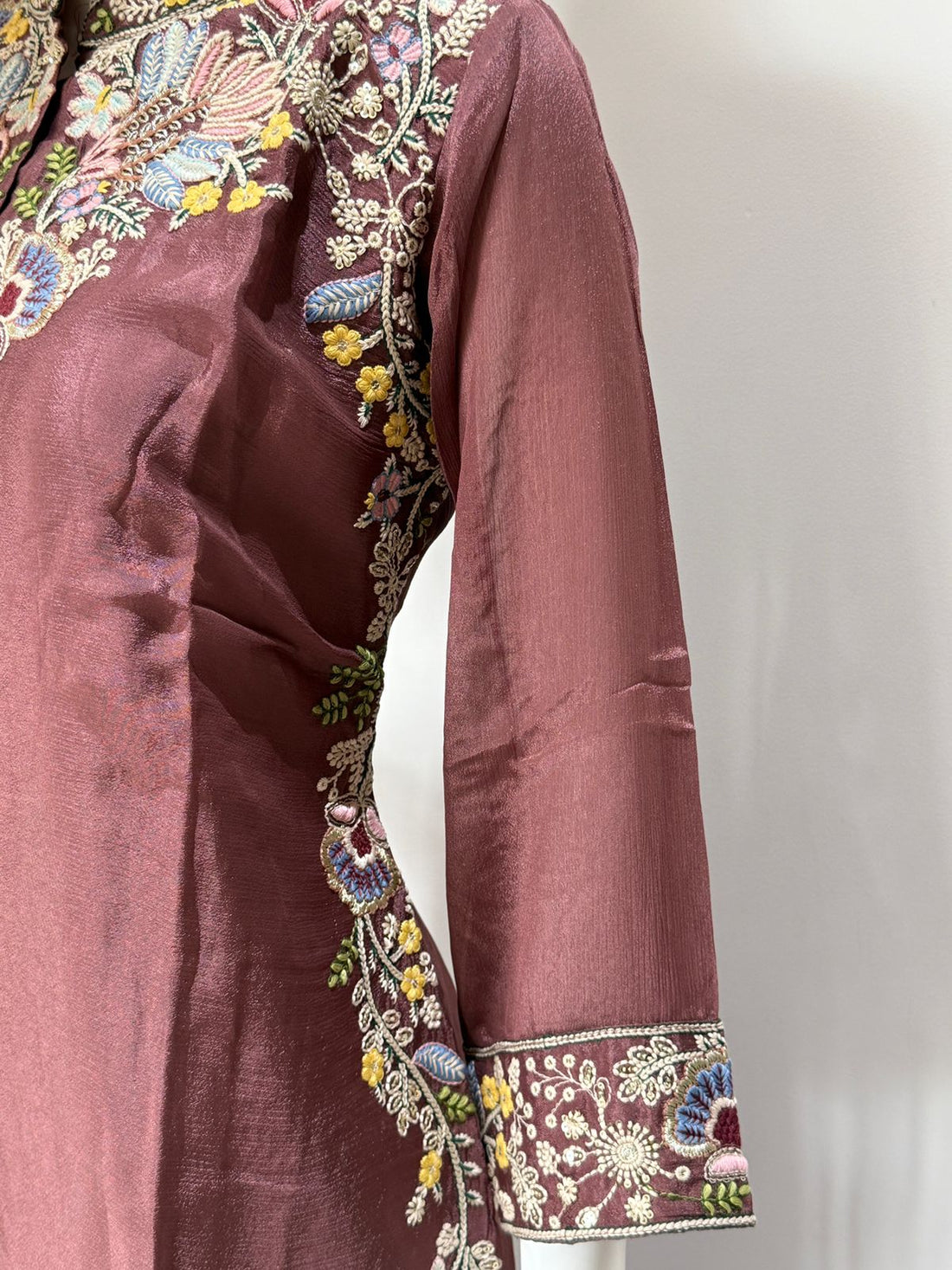 Mauve Embroidered Tissue Kurta Palazzo Co-Ord Set