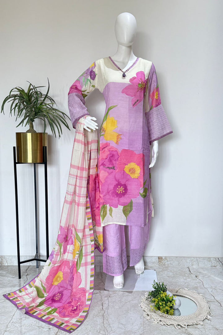 Lavender Floral Printed Cotton Kurta Set with Dupatta