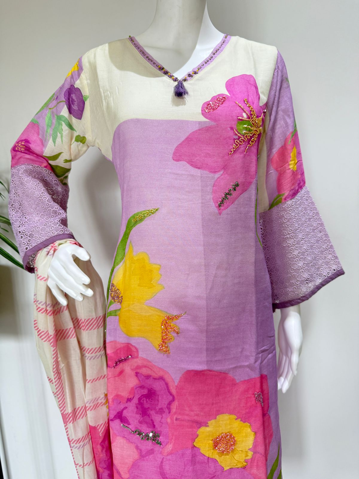 Lavender Floral Printed Cotton Kurta Set with Dupatta