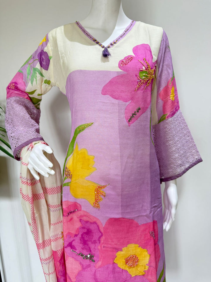 Lavender Floral Printed Cotton Kurta Set with Dupatta