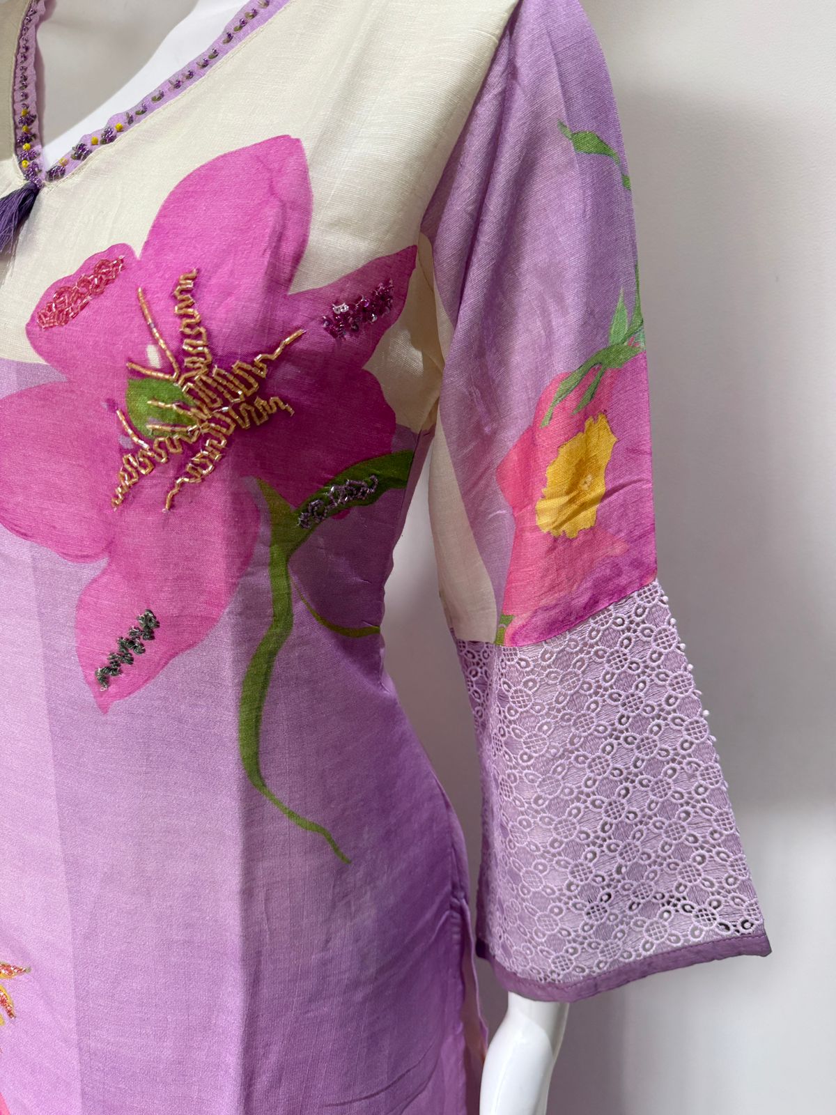 Lavender Floral Printed Cotton Kurta Set with Dupatta
