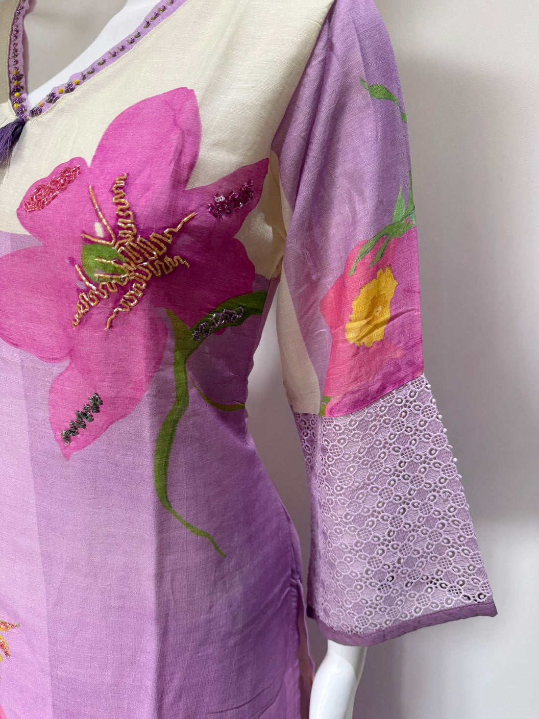 Lavender Floral Printed Cotton Kurta Set with Dupatta