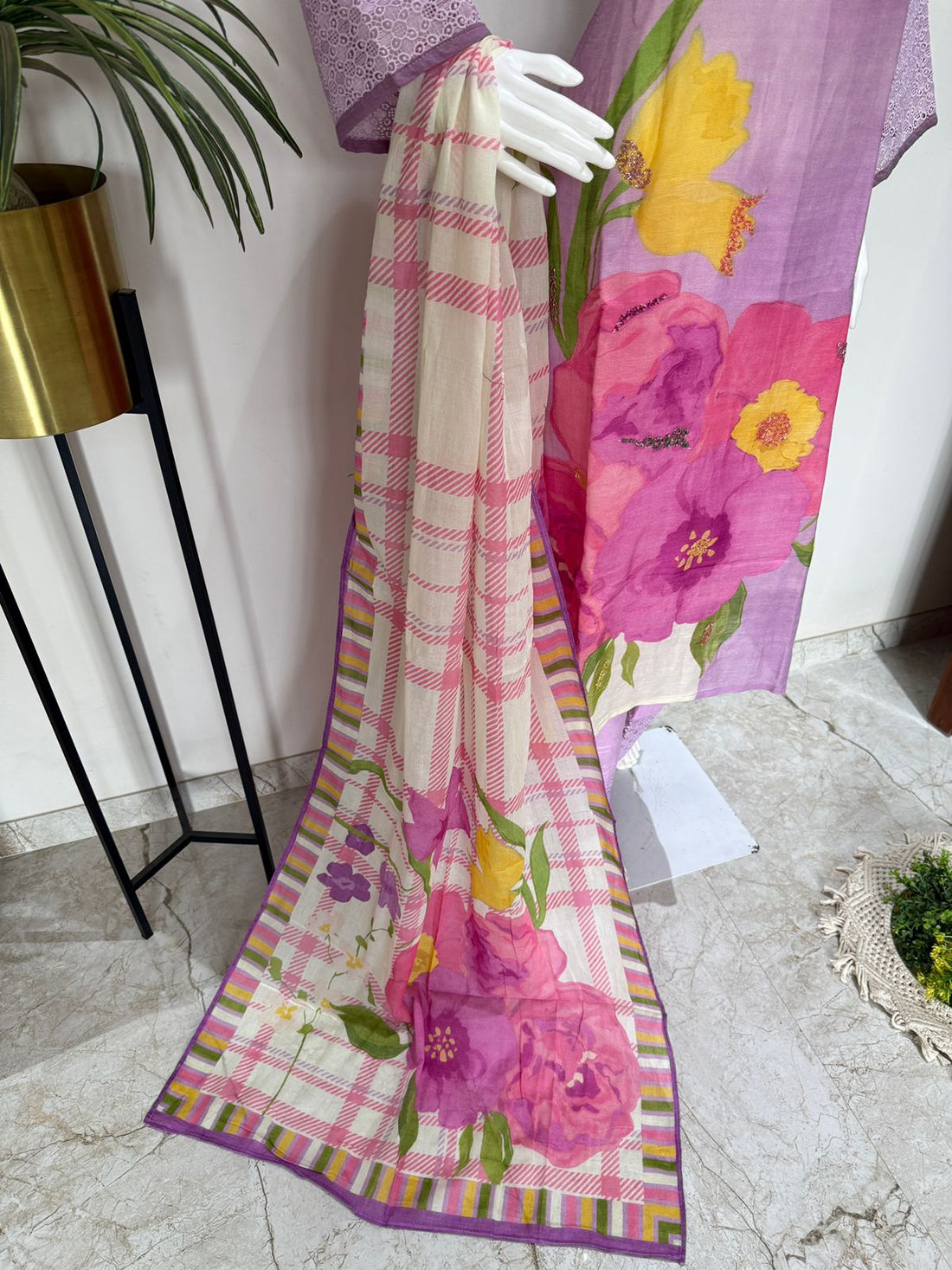 Lavender Floral Printed Cotton Kurta Set with Dupatta