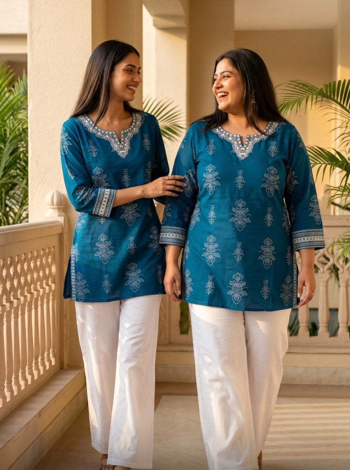Blue Printed Cotton Top with Mirror, Embroidery & Sequence Work