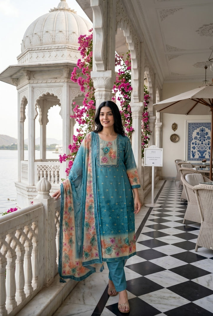 Aqua Bloom Kota Checks 3-Piece Suit Set