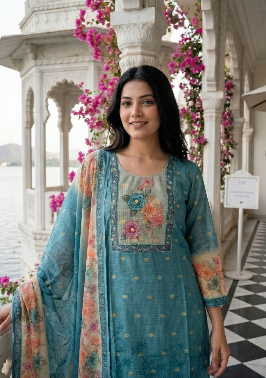 Aqua Bloom Kota Checks 3-Piece Suit Set