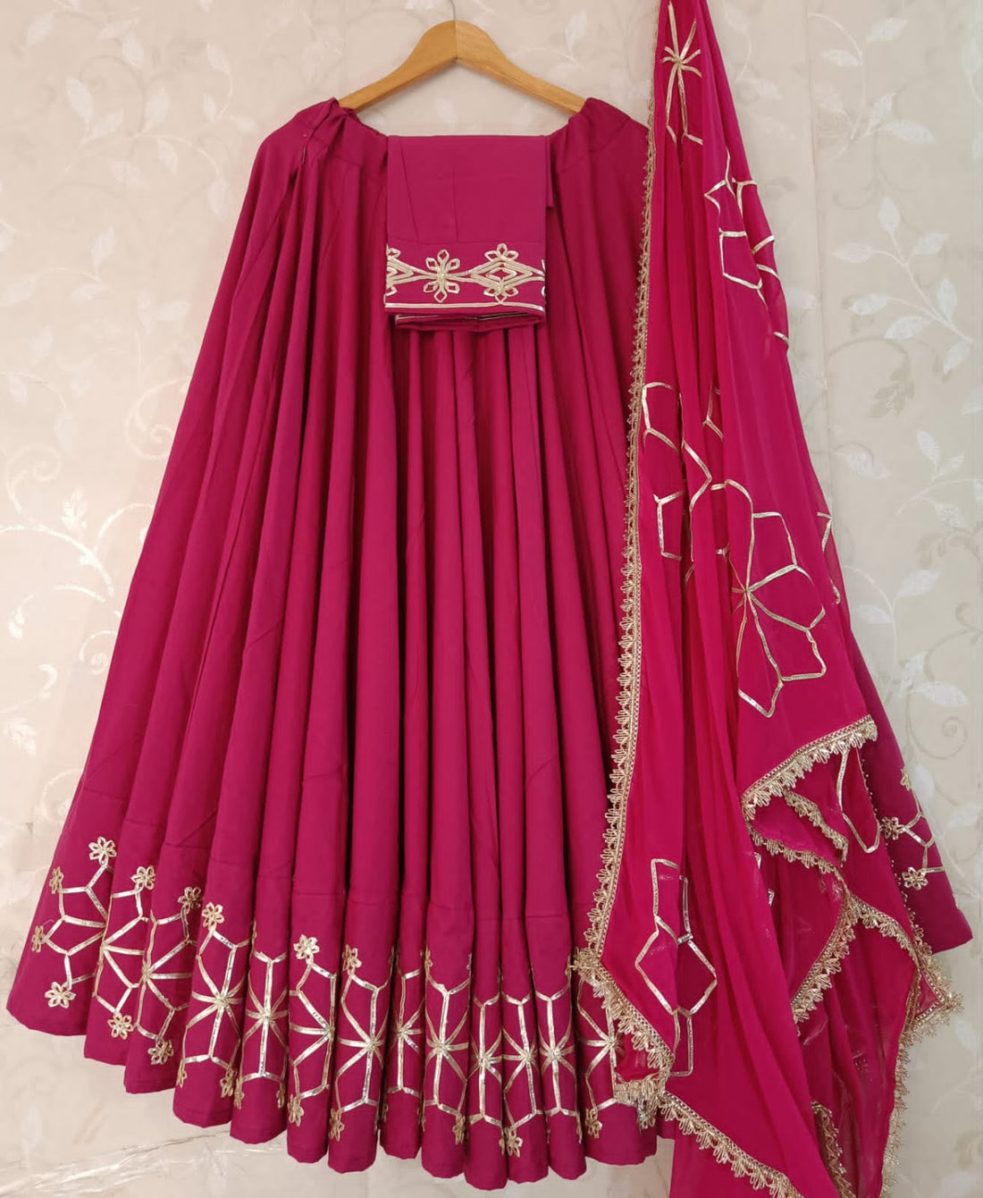 Rangritii Dhabu Cotton Toi Work Lehenga Set with Chiffon Dupatta – Rani Pink