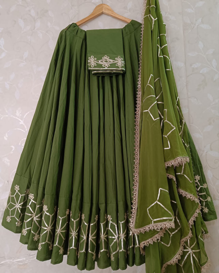 Olive Green Dhabu Cotton Lehenga Set with Toi Work & Chiffon Dupatta