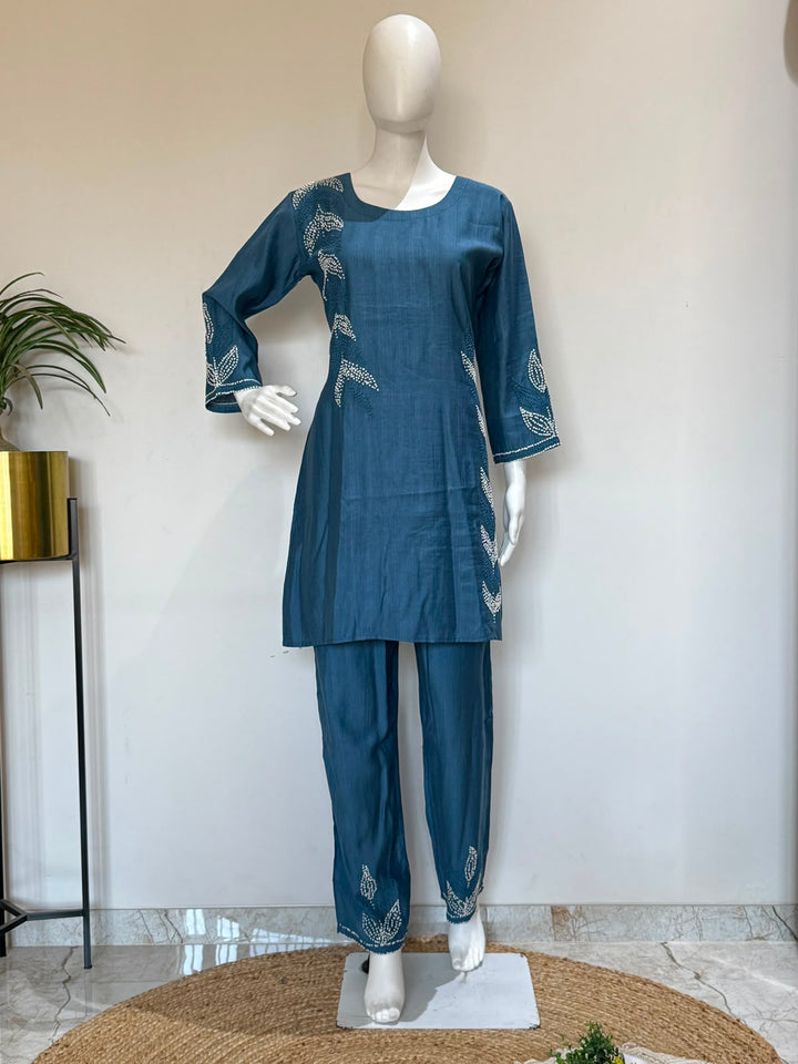 Steel Blue Roman Silk Embellished Co-ord Set
