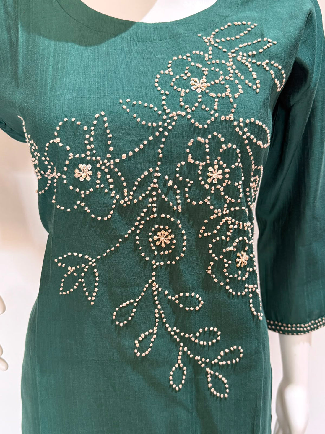 Emerald Green Roman Silk Embellished Kurti Pant Set