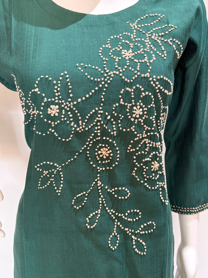 Emerald Green Roman Silk Embellished Kurti Pant Set