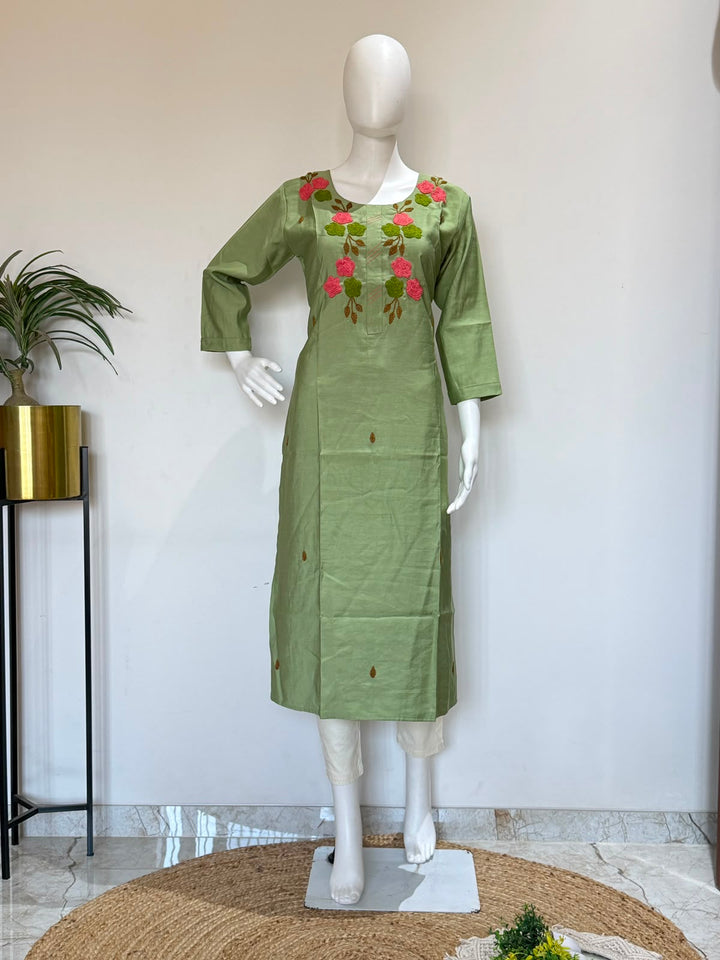 Sage Green Roman Silk Hand Embroidered Straight Kurti