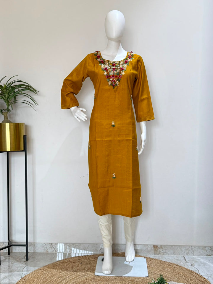 Mustard Roman Silk Hand Embroidered Straight Kurti