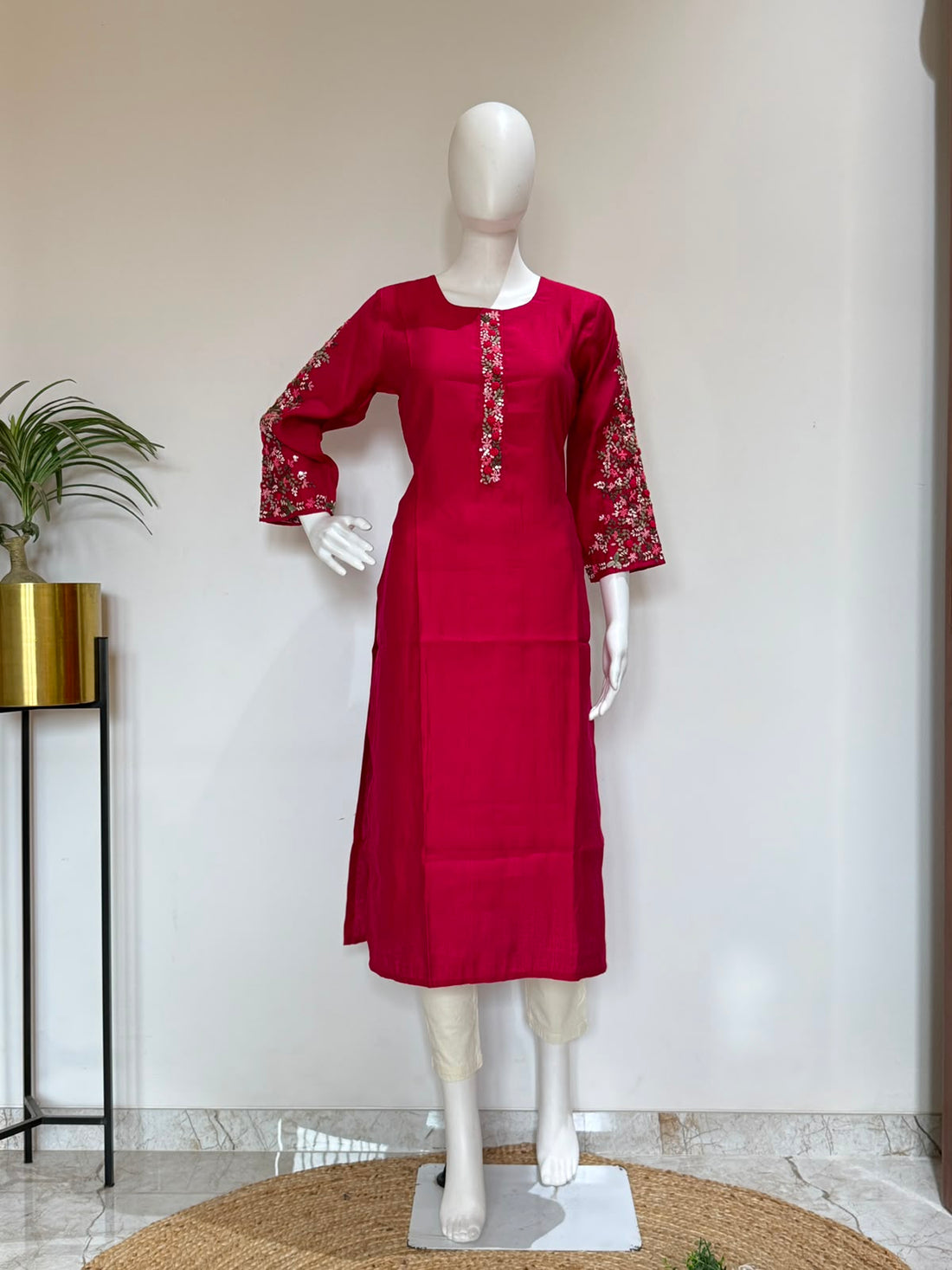 Ruby Red Roman Silk Embroidered Straight Kurti