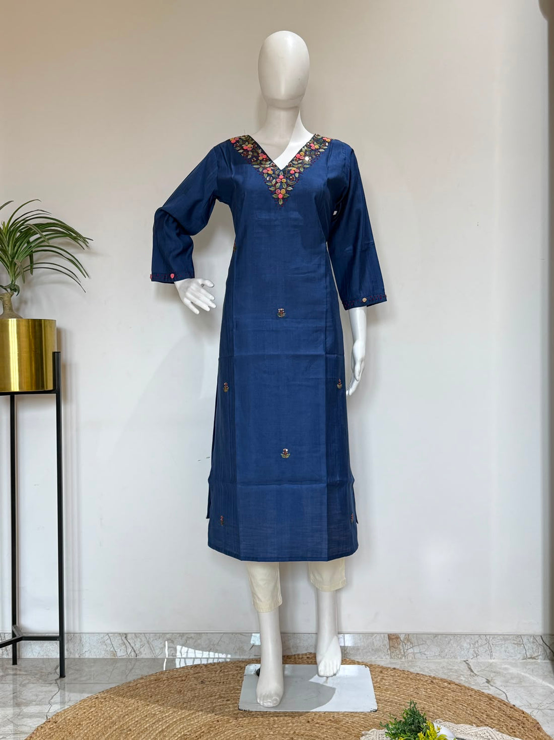 Navy Blue Roman Silk Embroidered Straight Single Kurti