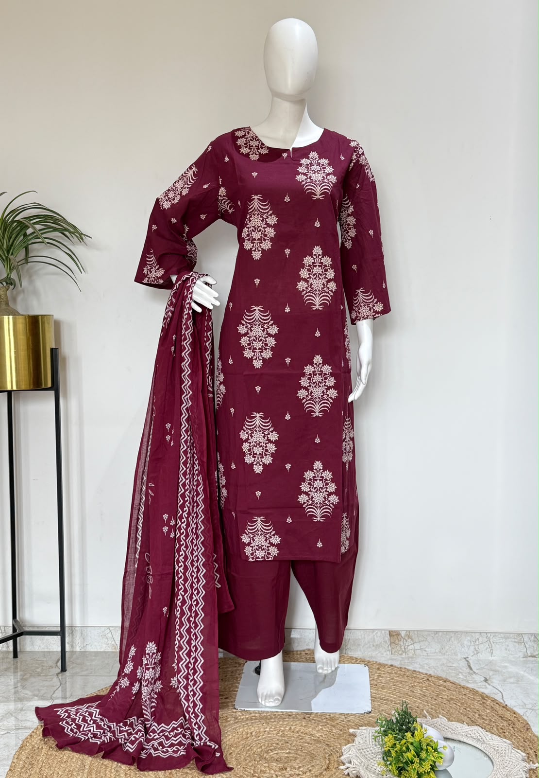 Wine Pure Cotton Printed Kurta Pant & Dupatta Set