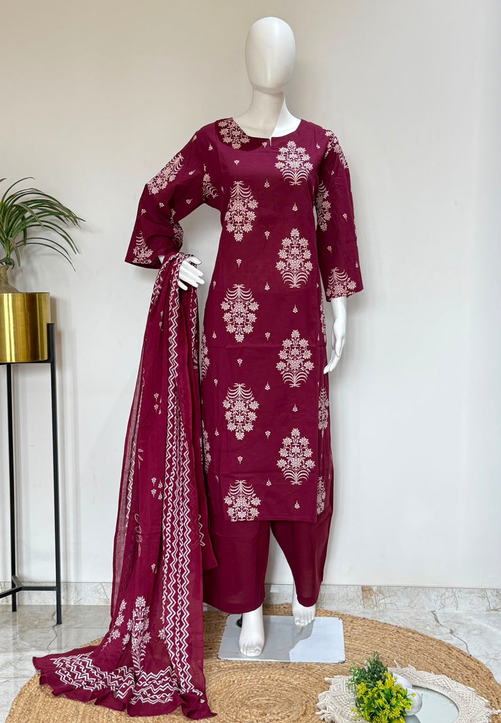 Wine Pure Cotton Printed Kurta Pant & Dupatta Set
