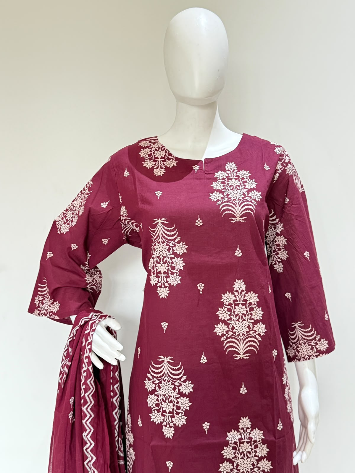 Wine Pure Cotton Printed Kurta Pant & Dupatta Set