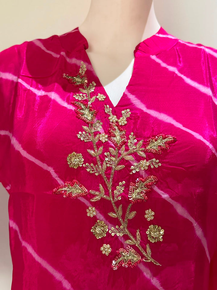 Fuchsia Pink Heavy Organza febric with Handwork detailing Co-Ord Set with Santoon Bottom( lining in top)