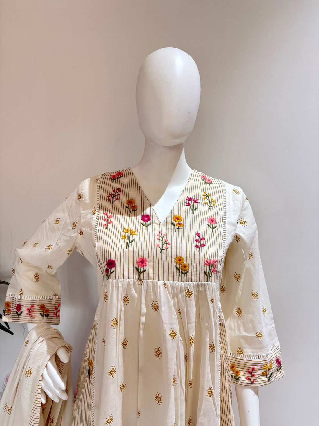Ivory Premium Cotton A-Line 3-Piece Suit Set with Dupatta