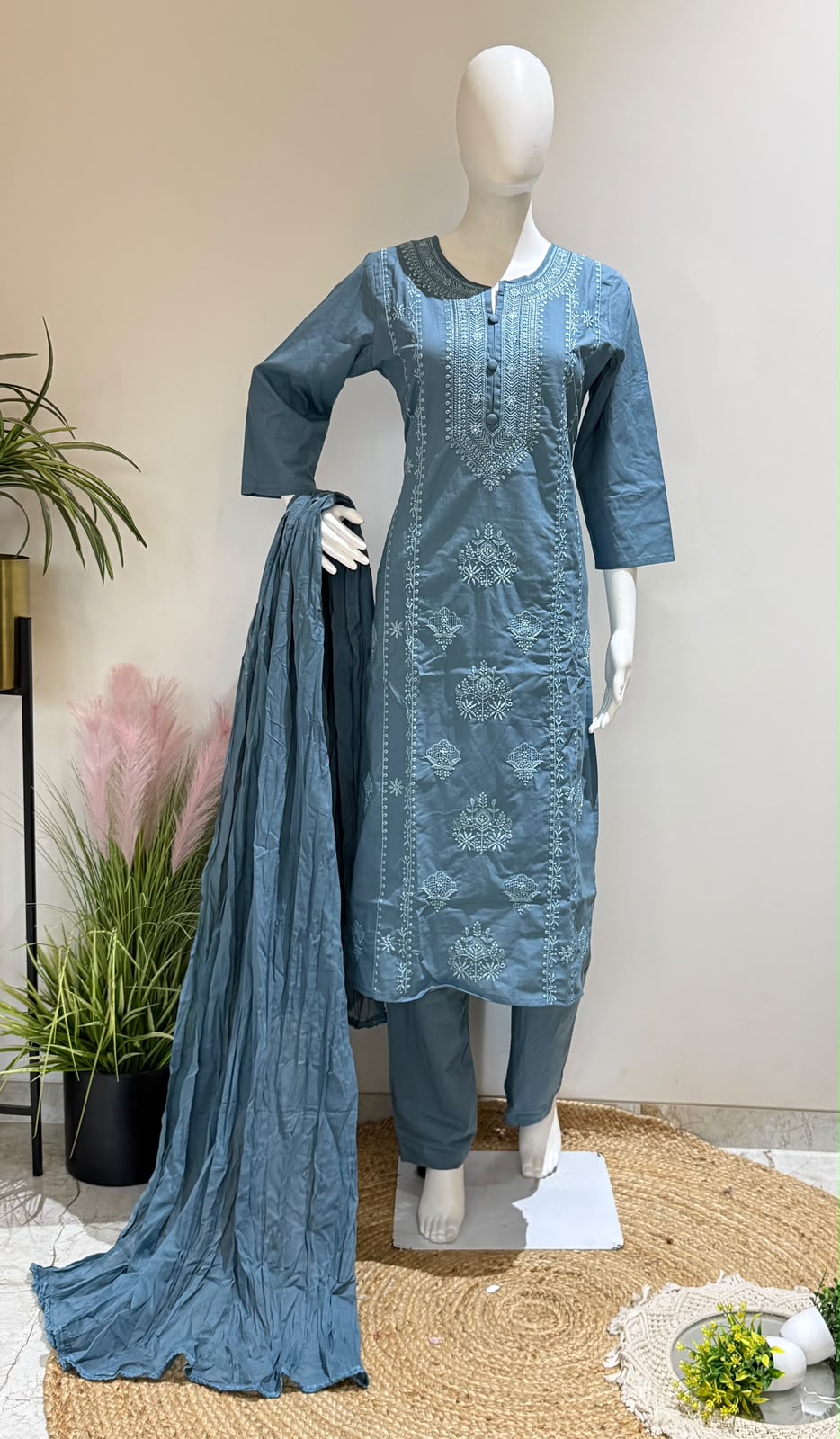 Dusty Blue Cotton Embroidered 3-Piece Suit Set with Dupatta