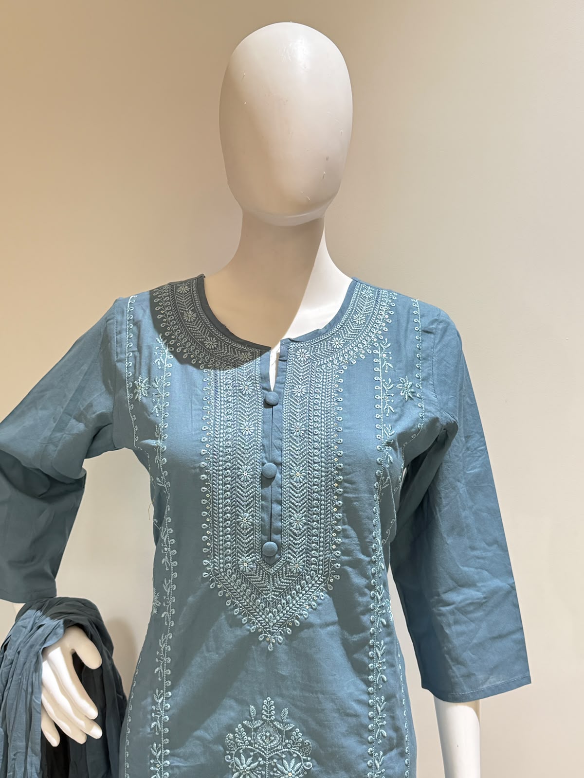 Dusty Blue Cotton Embroidered 3-Piece Suit Set with Dupatta