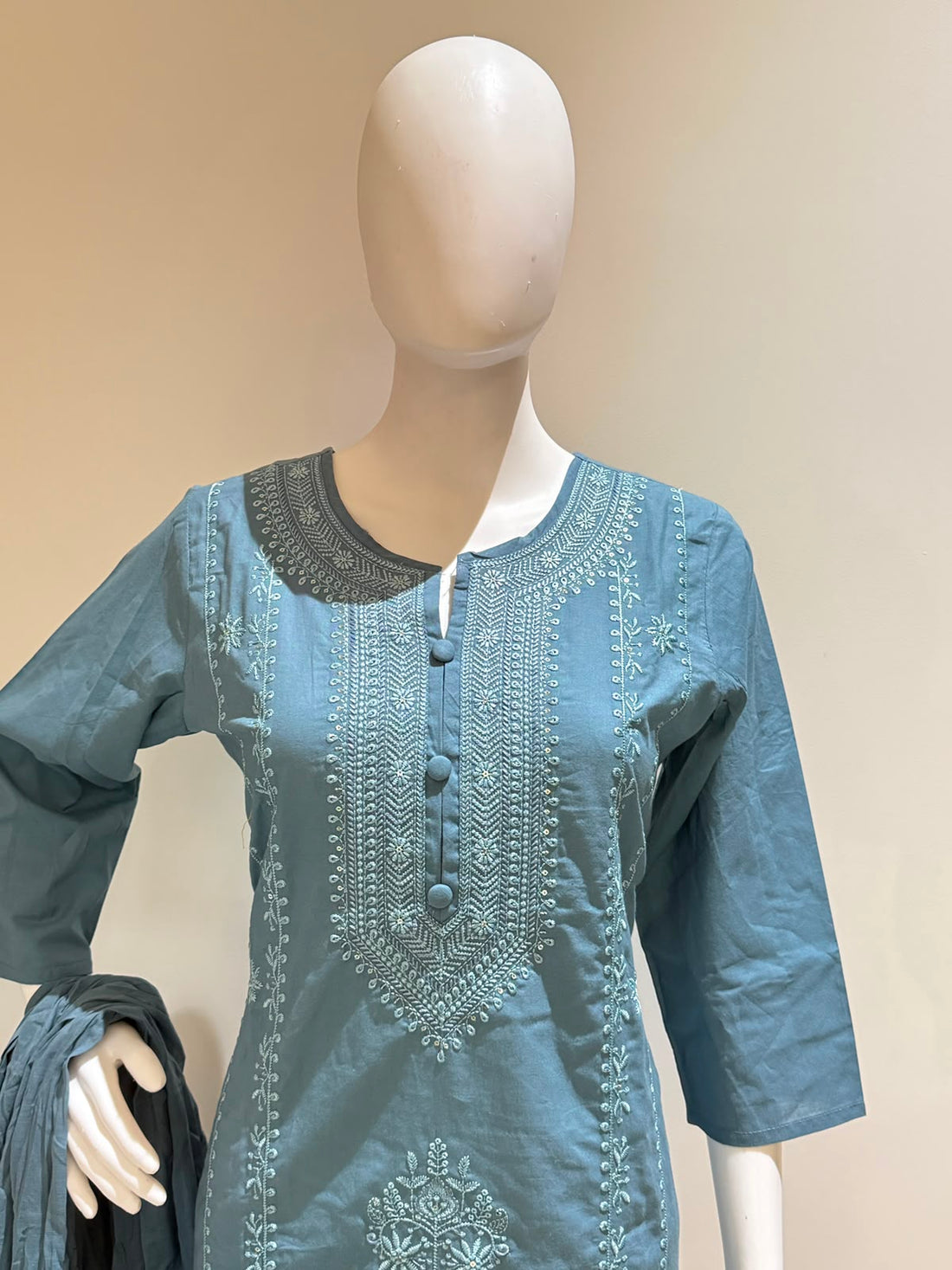 Dusty Blue Cotton Embroidered 3-Piece Suit Set with Dupatta