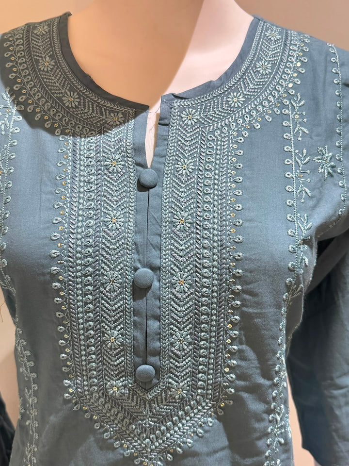 Dusty Blue Cotton Embroidered 3-Piece Suit Set with Dupatta