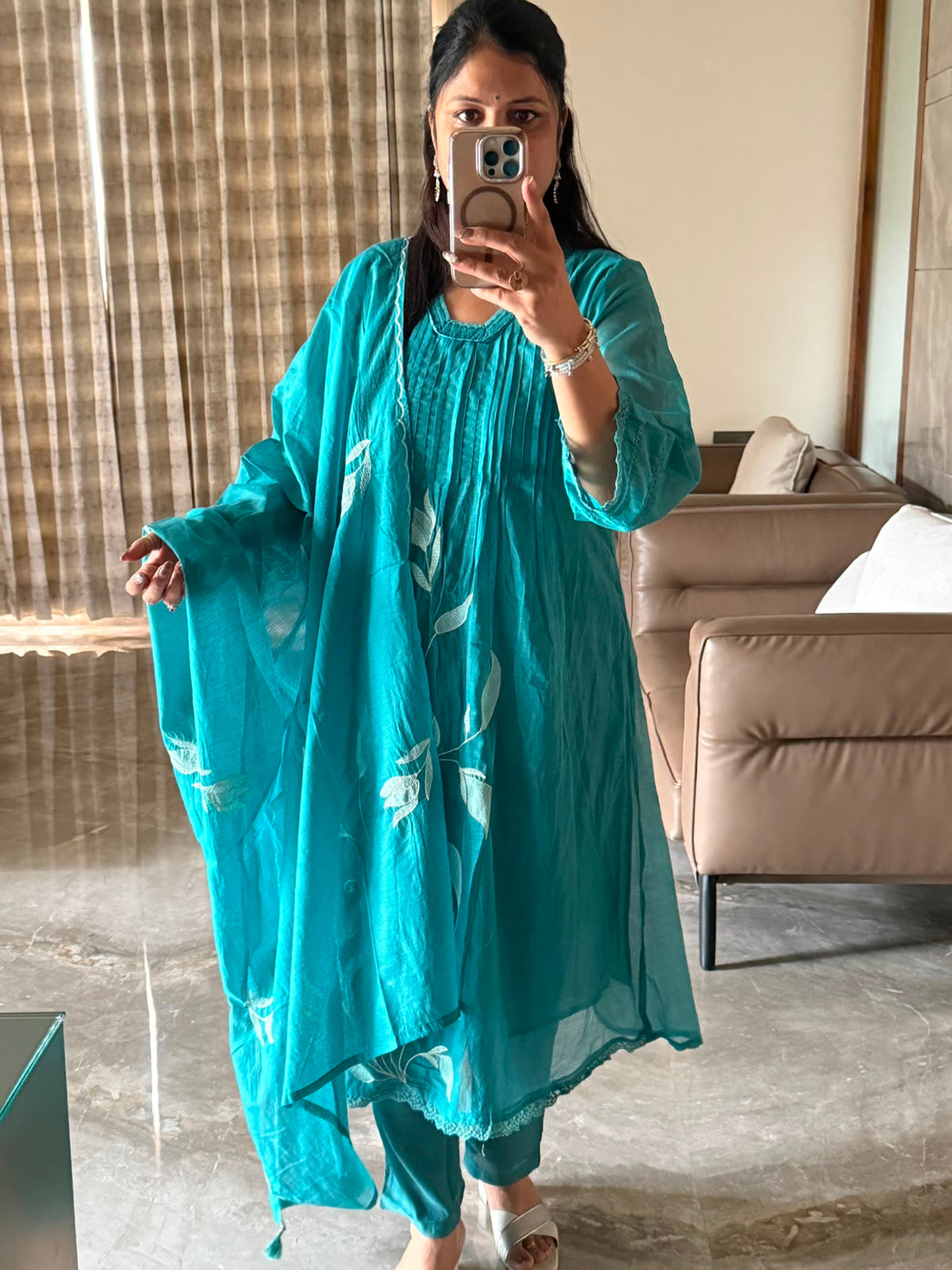 Turquoise Blue Kota Checks A-Line 3-Piece Suit with lining , santoon bottom