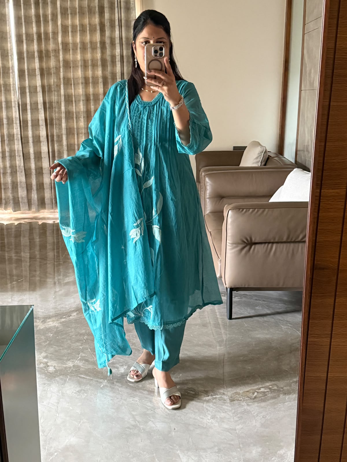 Turquoise Blue Kota Checks A-Line 3-Piece Suit with lining , santoon bottom