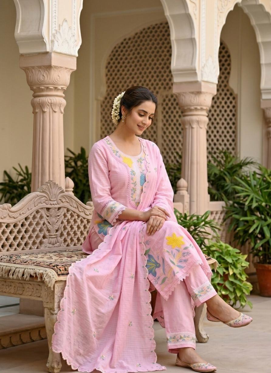 Blush Pink Premium Mul Cotton 3-Piece Embroidered with Aplic work  Suit Set