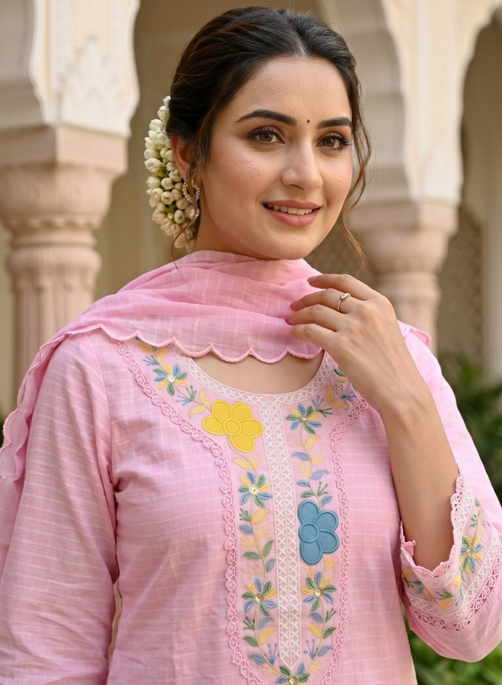 Blush Pink Premium Mul Cotton 3-Piece Embroidered with Aplic work  Suit Set