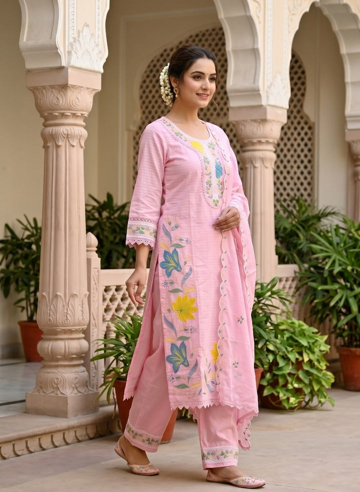 Blush Pink Premium Mul Cotton 3-Piece Embroidered with Aplic work  Suit Set