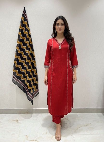 Ruby Red Pure Cotton A-Line Kurti with  Contrast Dupatta