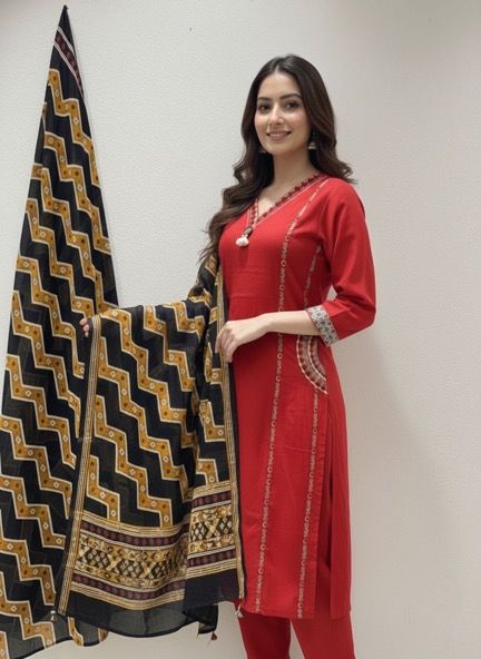 Ruby Red Pure Cotton A-Line Kurti with  Contrast Dupatta