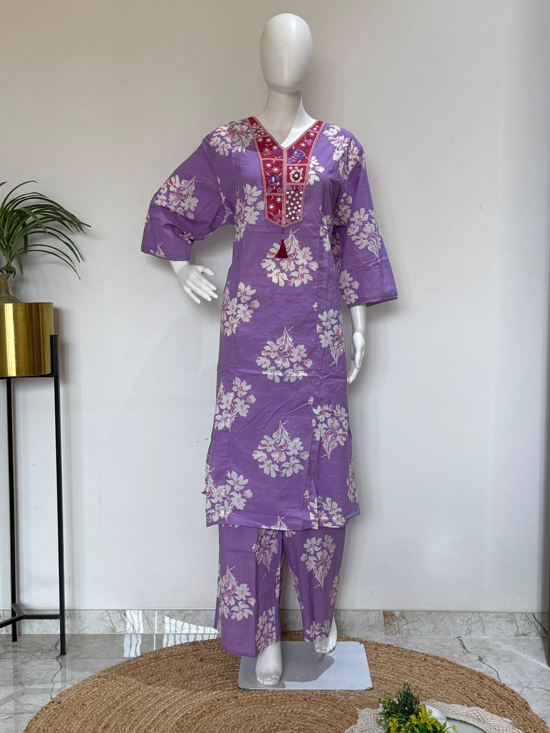 Plus Size Pure Cotton Floral Printed Kurti Palazzo Set | Mirror Work Neck