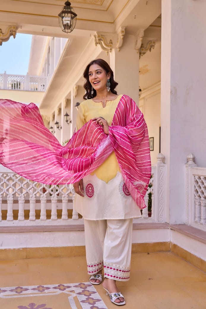 Chanderi Kurta Set with Kora Cotton Farshi Salwar & Doriya Dupatta | Handwork Ethnic Suit