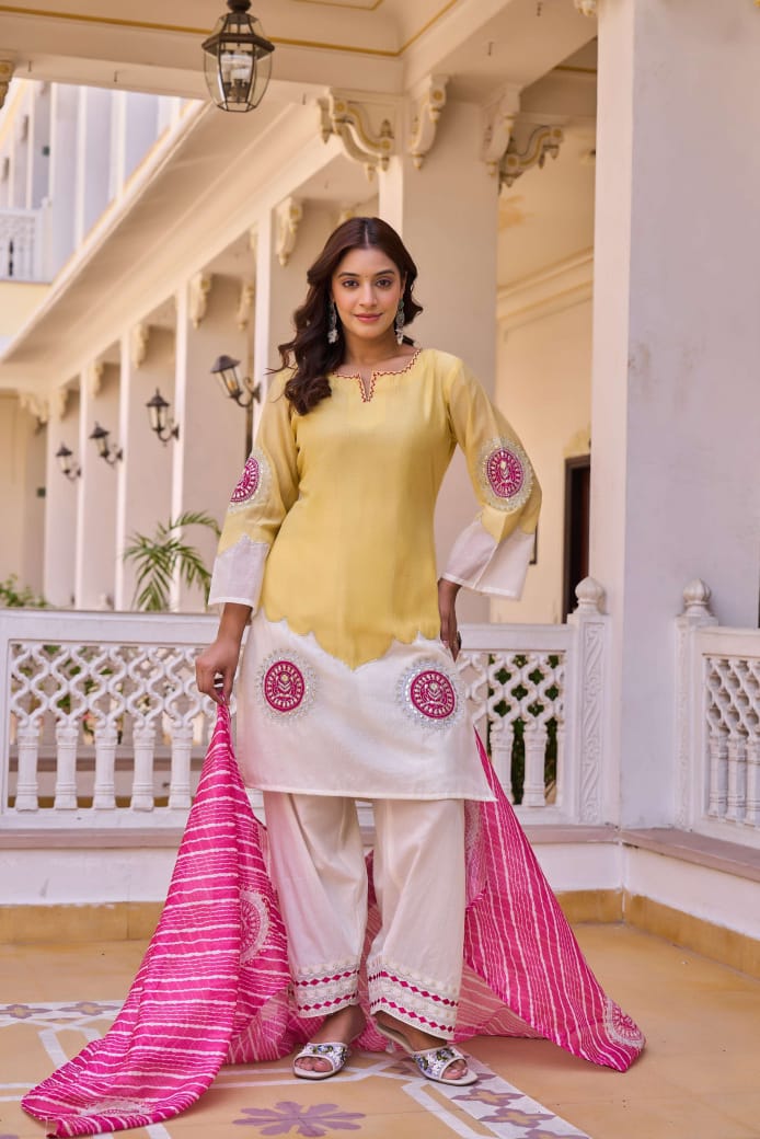 Chanderi Kurta Set with Kora Cotton Farshi Salwar & Doriya Dupatta | Handwork Ethnic Suit