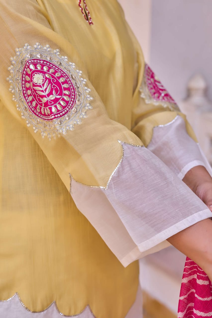 Chanderi Kurta Set with Kora Cotton Farshi Salwar & Doriya Dupatta | Handwork Ethnic Suit