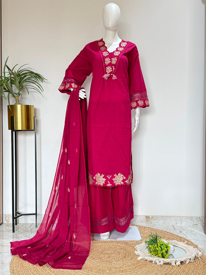Plus Size Pure Cotton 3-Piece Kurta Palazzo Set with Dupatta | Embroidered Ethnic Wear